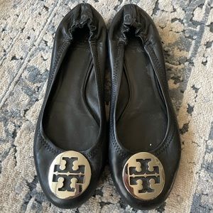Tory Burch Leather Classic Ballet Flat with Silver logo Medallion